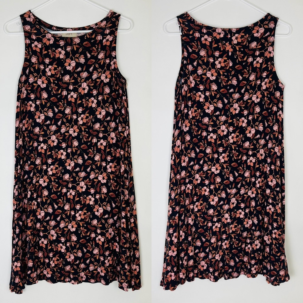 LOFT sleeveless dress floral brow, rust, peach print on black XS